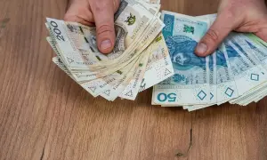 Dłonie trzymające stos polskich banknotów 50 zł i 200 zł na drewnianym tle.