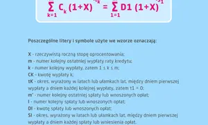 Wzór pokazuje, jak obliczyć oprocentowanie kredytu, uwzględniając wypłaty i spłaty.
