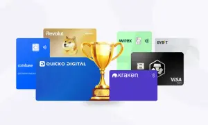 Złoty puchar otoczony kartami kryptowalutowymi: Coinbase, Revolut, Wirex, Kraken, Bybit, Visa.