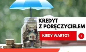 Skarbonka z monetami pod parasolem symbolizuje bezpieczeństwo finansowe. Kredyt z poręczycielem może być dobrym rozwiązaniem.