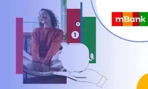 Konto oszczędnościowe mBank: szczęśliwa kobieta, skarbonka na dłoni i wykresy. Proste kroki, jak założyć konto oszczędnościowe mbank.