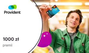 Uśmiechnięty mężczyzna prezentuje kartę Provi Smart. Obok logo Provident i informacja o 1000 zł premii.