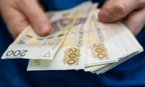 Dłonie trzymają plik banknotów 200 zł. Może to symbolizować wsparcie finansowe, np. stały zasiłek dla bezrobotnych po 55 roku życia.