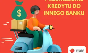 Kurier na skuterze dostarcza torbę z pieniędzmi i paczki. To symbol przeniesienia kredytu gotówkowego do innego banku.