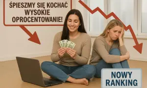 Dwie kobiety, jedna zadowolona z pieniędzmi, druga smutna, na tle spadającego wykresu i napisu "NOWY RANKING".