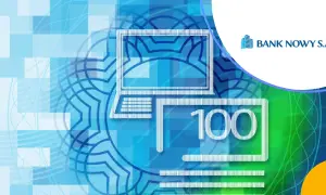 Grafika przedstawia ikonę komputera i symbol "100", sugerując łatwy dostęp do środków na koncie depozytowym. Logo Banku Nowy S.A.