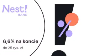 Logo Nest! BANK, znak procentu, koła i tekst "6,6% na koncie do 25 tys. zł".