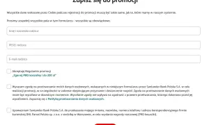 Formularz zapisu do promocji Santander. Wpisz dane rodzica, zaakceptuj regulamin i wyraź zgodę na przetwarzanie danych, by otrzymać nagrodę.