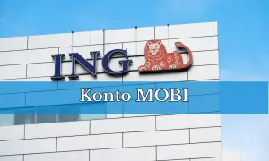 Logo ING z napisem "Konto MOBI" na tle budynku i nieba.