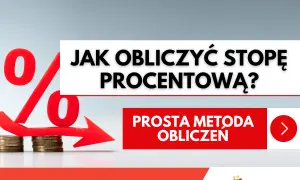 Czerwona strzałka z symbolem procentu i monetami, wskazująca na prostą metodę obliczenia stopy kredytowej.