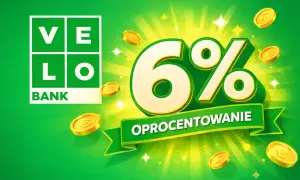 VELO BANK: konto oszczędnościowe z oprocentowaniem 6%. Złote monety i błyski symbolizują zysk.