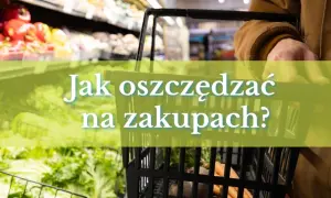 Ręka trzymająca koszyk sklepowy z warzywami, z napisem "Jak oszczędzać na zakupach?".