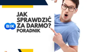 Mężczyzna w okularach wskazuje na napis "BIK ZA DARMO? PORADNIK" na białej tablicy.