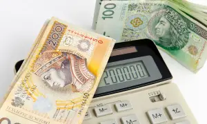 Kalkulator pokazuje 200 000, a obok leżą banknoty 200 i 100 zł. Zastanawiasz się, jaka rata kredytu 50 tys. Cię czeka?