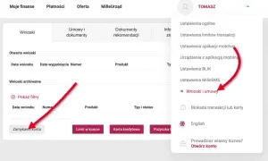 Czerwona strzałka wskazuje opcję "Zamykanie konta" na stronie bankowości internetowej.