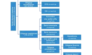 Rodzaje obligacji skarbowych i nieskarbowych: skarbowe (880 mld PLN), semiskarbowe (221 mld PLN), nieskarbowe (100 mld PLN) z podziałem na emitentów.
