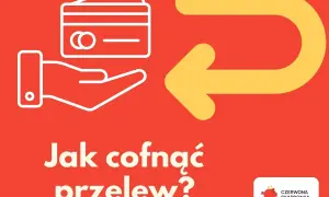 Grafika pokazuje rękę trzymającą kartę płatniczą i żółtą strzałkę zwrotną. Pytanie brzmi: "Jak cofnąć przelew?".