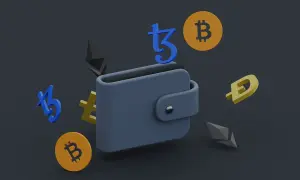 Portfel na kryptowaluty z symbolami Bitcoin, Ethereum, Dogecoin i Tezos. To jest catly sposób na przechowywanie cyfrowych aktywów.