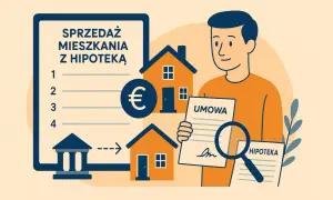 Ilustracja przedstawia mężczyznę trzymającego umowę i lupę nad dokumentem "HIPOTEKA", obok domów i symbolu euro.