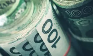 Zrolowane banknoty 100 zł, symbolizujące dużą wartość nominalną obligacji.