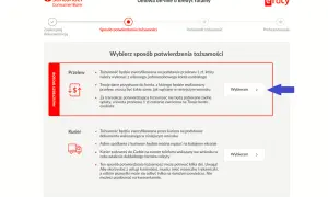 Wybierz przelew weryfikacyjny 1 zł Santander do potwierdzenia tożsamości. Dane z konta muszą być zgodne z wnioskiem.