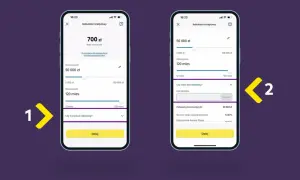 Symulacja kredytu w aplikacji Raiffeisen Digital Bank. Użytkownik ustawia kwotę i okres spłaty pożyczki.