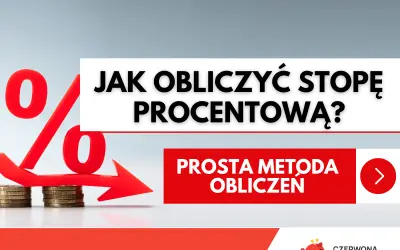 Czerwona strzałka z symbolem procentu i monetami, wskazująca na prostą metodę obliczenia stopy kredytowej.