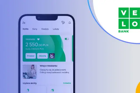 Aplikacja mobilna VeloBanku pokazuje saldo konta 2550 PLN. Logo VeloBanku.