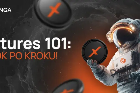 Astronaut trzymający monetę z symbolem "X" na tle kosmosu i tekstu "Futures 101: Krok po kroku!".