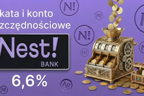 Złota maszyna do liczenia monet, skrzynia skarbów i logo Nest Bank z oprocentowaniem 6,6%.
