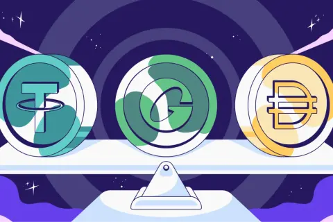 Trzy monety kryptowalutowe na wadze: Tether, Gemini Dollar i DAI. Dowiedz się, stablecoin co to jest i jak działa.