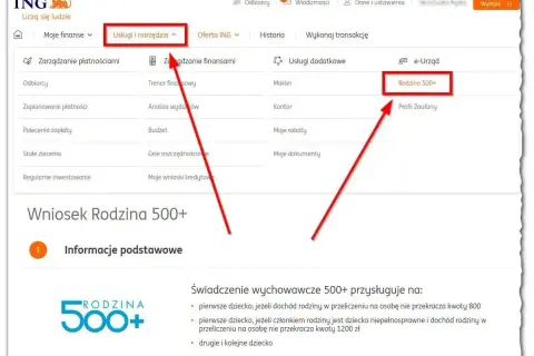 Zrzut ekranu z bankowości internetowej ING, z zaznaczonym przyciskiem "Rodzina 500+".