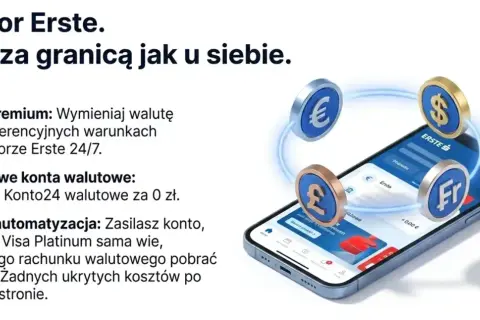 Smartfon z aplikacją bankową Erste i monetami z symbolami euro, dolara, funta i franka szwajcarskiego.