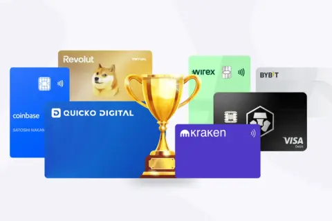 Złoty puchar otoczony kartami kryptowalutowymi: Coinbase, Revolut, Wirex, Kraken, Bybit, Visa.