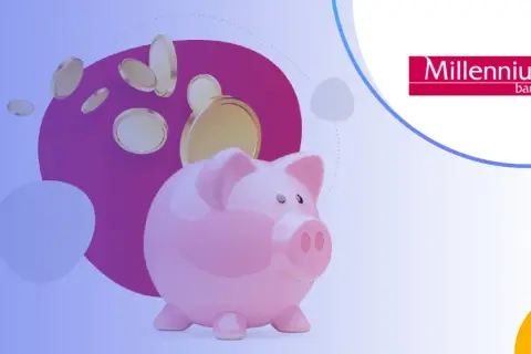 Różowa świnka skarbonka z monetami wpadającymi do środka. Millennium nowe środki na przyszłość.