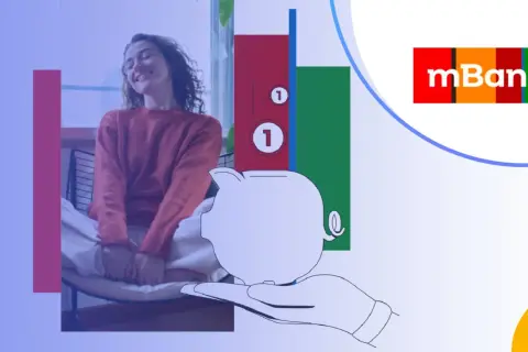 Konto oszczędnościowe mBank: szczęśliwa kobieta, skarbonka na dłoni i wykresy. Proste kroki, jak założyć konto oszczędnościowe mbank.