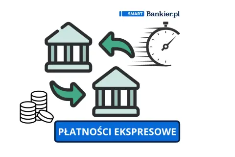 Ikony banków, stos monet i zegar symbolizujące szybkie płatności.