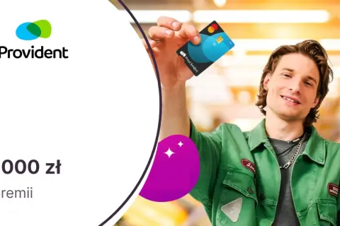 Uśmiechnięty mężczyzna prezentuje kartę Provi Smart. Obok logo Provident i informacja o 1000 zł premii.
