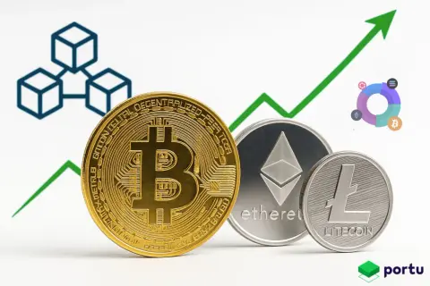 Monety Bitcoin, Ethereum i Litecoin na tle rosnącego wykresu i symboli blockchain.