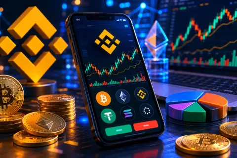 Złote monety kryptowalut, smartfon z wykresem i logo Binance, laptop z danymi rynkowymi. To wszystko pokazuje, czym jest Binance.