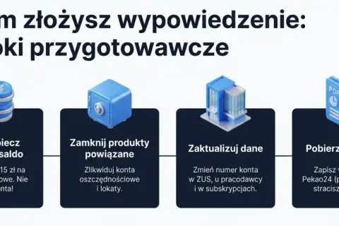 4 kroki przed zamknięciem konta w PKO BP: zabezpiecz saldo, zamknij produkty, zaktualizuj dane, pobierz historię.