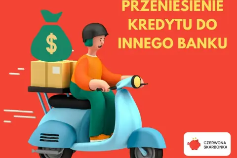 Kurier na skuterze dostarcza torbę z pieniędzmi i paczki. To symbol przeniesienia kredytu gotówkowego do innego banku.