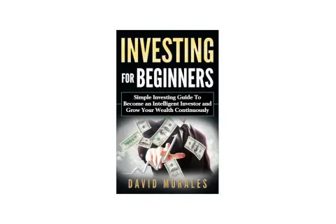 Jak zacząć inwestować? Okładka książki "Investing for Beginners" Davida Moralesa, z mężczyzną w garniturze i unoszącymi się banknotami.