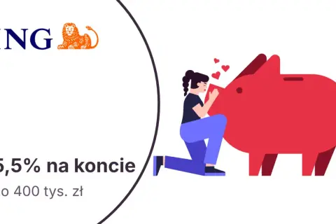 Grafika: logo ING, kobieta przytulająca skarbonkę, serduszka, tekst "5,5% na koncie do 400 tys. zł".