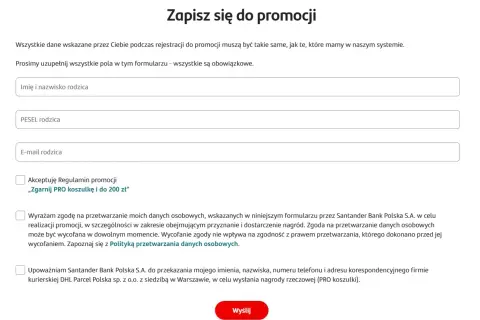 Formularz zapisu do promocji Santander. Wpisz dane rodzica, zaakceptuj regulamin i wyraź zgodę na przetwarzanie danych, by otrzymać nagrodę.