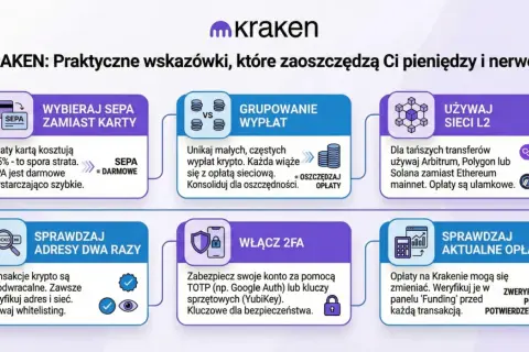 Kraken: praktyczne wskazówki, jak oszczędzać na opłatach. Wybieraj SEPA zamiast karty, grupuj wypłaty, używaj sieci L2, sprawdzaj adresy i włącz 2FA.