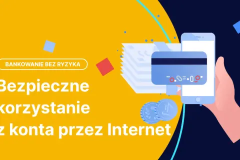 Ilustracja przedstawia dłoń trzymającą smartfon z kartą płatniczą, stos banknotów i monet.