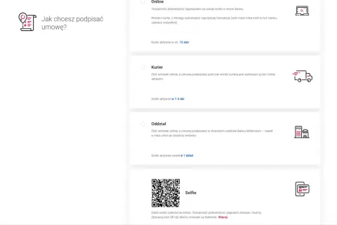 Wybierz metodę założenia konta w Banku Millennium: online, z kurierem, w oddziale lub przez selfie.