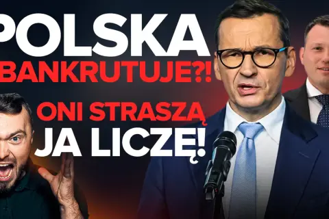 Trzech mężczyzn, jeden krzyczy, dwaj w garniturach, tekst "POLSKA ZBANKRUTUJE?!