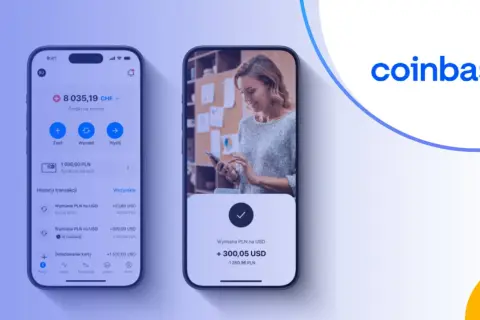 Dwa smartfony pokazujące aplikację Coinbase z transakcjami kryptowalutowymi i logo Coinbase.